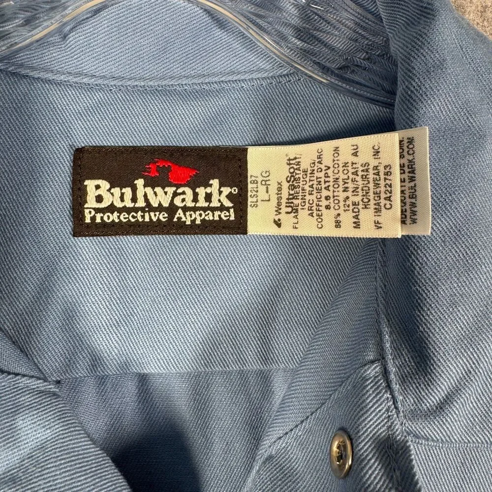 Bulwark FR Shirt Mens Large Blue Snap Button Flame Resistant Company Logo - Picture 3 of 11